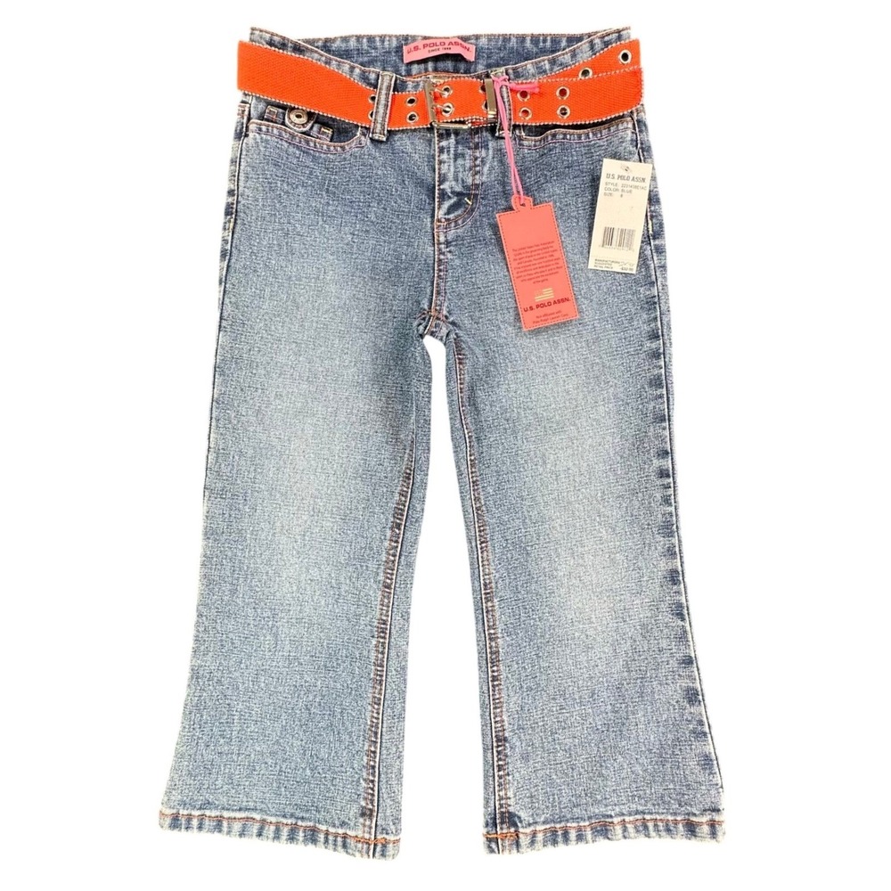 US Polo Assn Y2K Flare Jeans Girls 8 Blue Denim Stretch Belted NWT